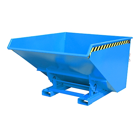 Blauw geschilderde kiepbak die op een blauwe palletconstructie staat. Een zwart-gele waarschuwingsmarkering is zichtbaar op de rand.