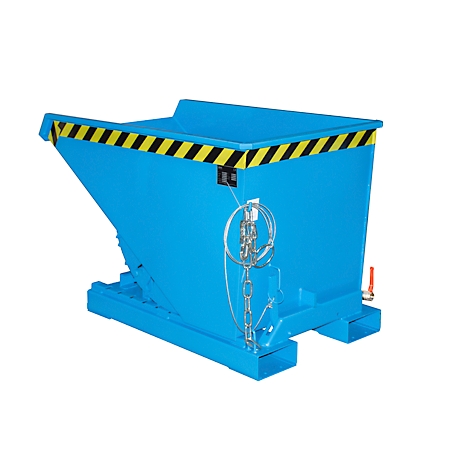 Blauwe kantelbak. De bovenrand heeft geel en zwarte strepen. Er zit een ketting aan de zijkant.