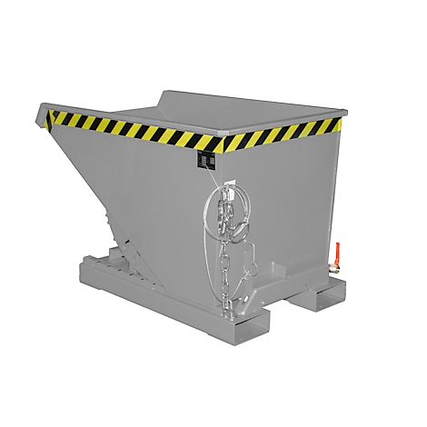 Grijze kantelbak met geel-zwarte waarschuwingsstrepen. Detailweergave toont mechanisme en aftapkraan.