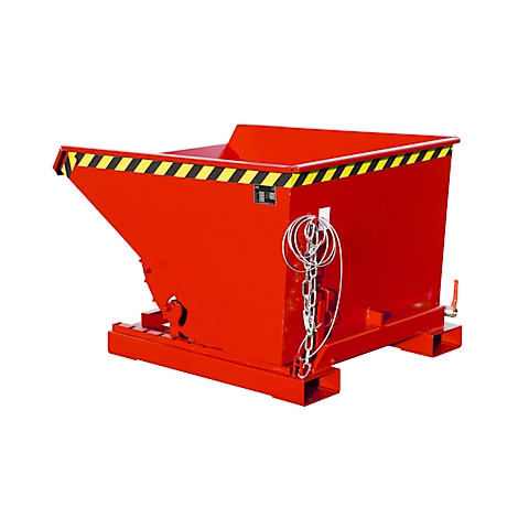 Roter Kippbehälter mit schwarz-gelbem Warnstreifen, Kette, und weißem Hintergrund.