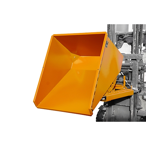 Orangefarbener Kippbehälter mit schwarzem Warnband, Kette und Klappmechanismus.