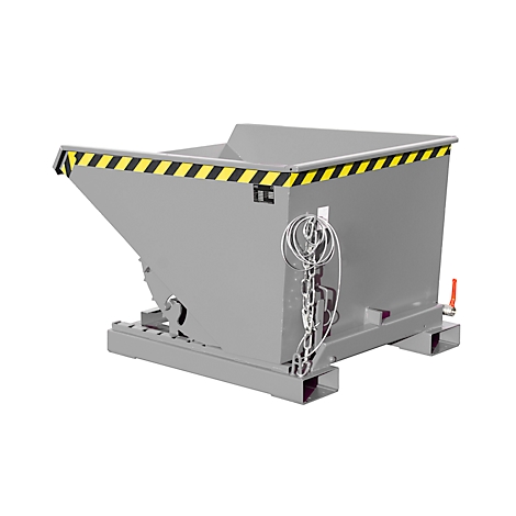 Grijze kantelcontainer met een zwart-gele waarschuwingsstreep, ketting en aftapkraan.