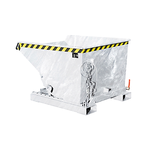 Een zilveren kantelcontainer met een zwart-gele markering, op een witte achtergrond.
