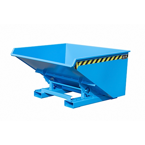 Blaue Mulde mit gelb-schwarzem Warnstreifen. Sie steht auf einem blauen Metallgestell.