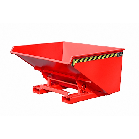 Rode, rechthoekige container met zwarte en gele waarschuwingsstrepen. Hij staat op een rood frame tegen een witte achtergrond.