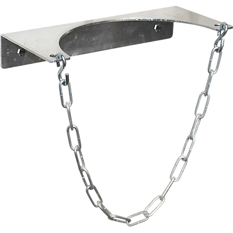 Metal wall bracket with a chain for securing. Grey metal hook, semicircular bracket, chain hangs down.
