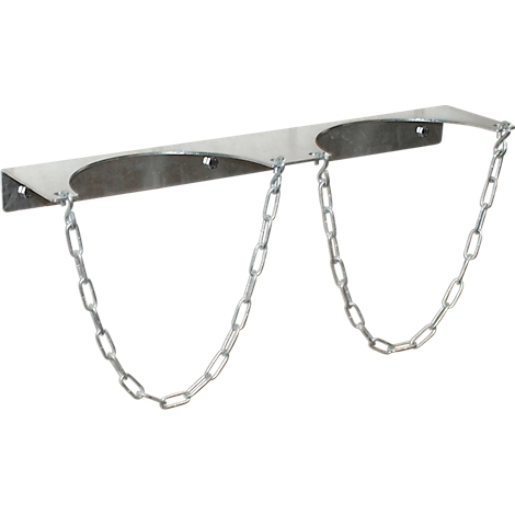 Metal wall mount with two cylindrical openings and chains. Holder for gas cylinders.