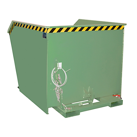 Groene metalen bak met waarschuwingsstrepen, palletbasis en ophanginrichting.