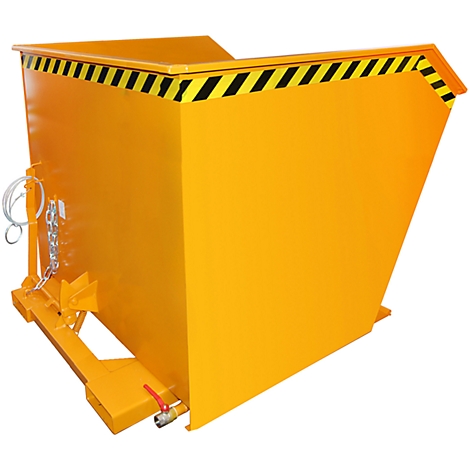 Gele kantelcontainer met zwart-gele waarschuwingsmarkeringen, metaal en ketting. De afbeelding toont een close-up.