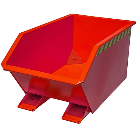 Rode, trapeziumvormige metalen bak. Schuine zijden, geel-zwarte strepen, twee voeten.