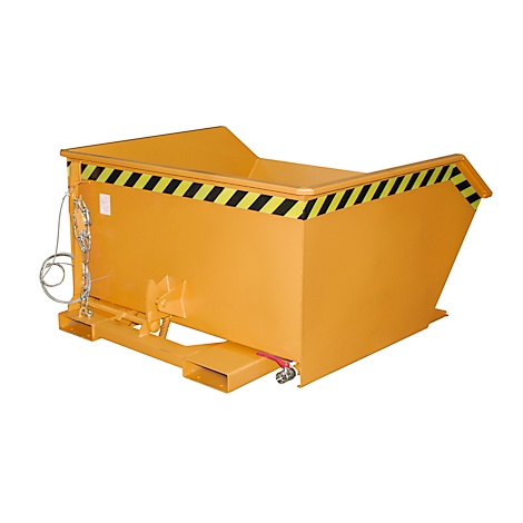 Gele afvalcontainer, zwart en geel gemarkeerd, staat op een pallet.