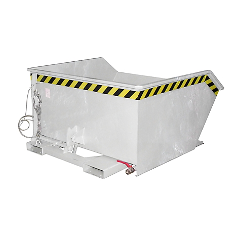 Grijze stalen container met zwart-gele waarschuwingsstrepen. Ketting en kraan met rode slang.