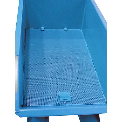 Blauwe container met zwart-gele waarschuwingsstrepen. Op een witte achtergrond.