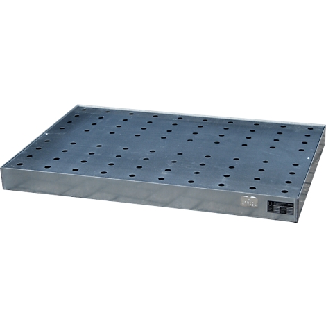 Square metal perforated plate with many small holes. The plate has a raised edge.