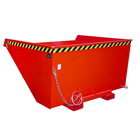 Roter Kippbehälter mit schwarz-gelbem Warnstreifen. Kette und Halterung sind sichtbar.