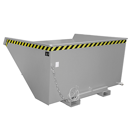 Grauer Container mit gelb-schwarzem Warnstreifen; Kette und Mechanismus sichtbar.