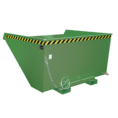 Grüne Containerbox mit gelb-schwarzen Warnstreifen. Kette mit Haken zum Heben.