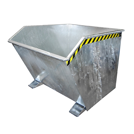 Ein großer, metallischer Container mit abgeschrägten Seiten, auf weißem Hintergrund, mit gelb-schwarzem Warnband.