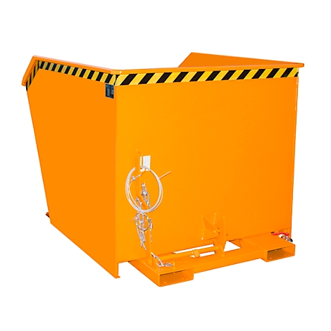Orangefarbener Stahlcontainer mit schwarz-gelbem Warnstreifen. An der Seite befindet sich ein Verschluss mit Kette.