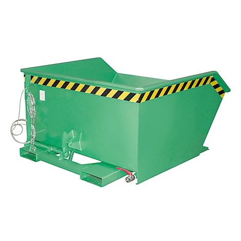 Grüner, rechteckiger Container mit schwarz-gelben Warnstreifen. Er hat eine Kette, ein Scharnier und steht auf einem weißen Hintergrund.