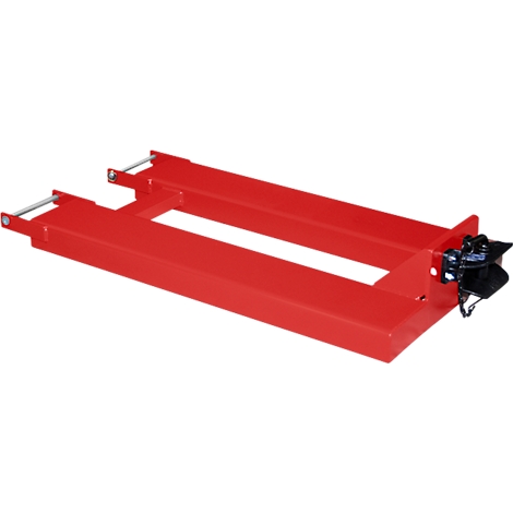 Red pallet jack, in detail. Metal frame with lifting mechanism.