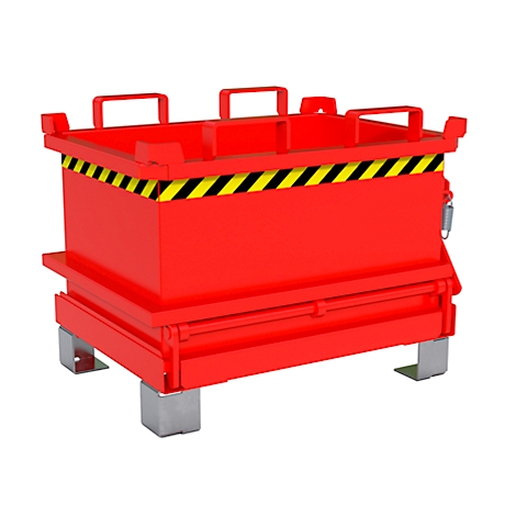 Conteneur métallique rouge avec des bandes d'avertissement jaunes et noires. Pieds gris. Poignées sur le dessus.
