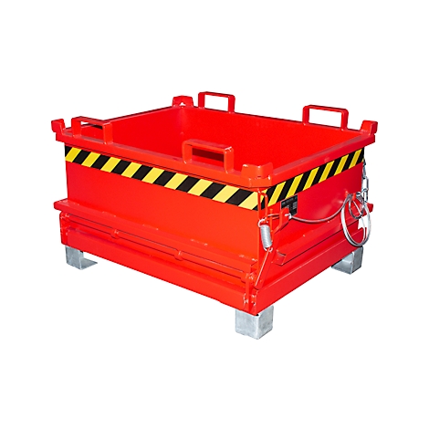 Coffre en acier rouge avec des rayures d'avertissement jaunes et noires. Boîte ouverte en haut avec des poignées, sur de petits pieds. Pour le transport de matériel.