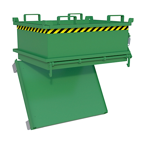 Conteneur industriel vert avec couvercle et porte rabattue. Bandes d'avertissement jaunes et noires sur le bord du couvercle.
