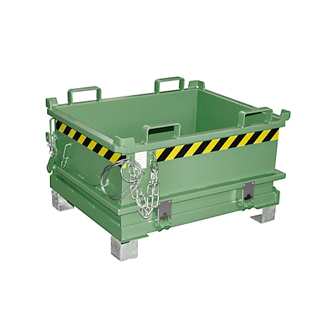 Conteneur industriel vert avec bandes d'avertissement jaunes et noires. Avec poignées, chaîne et pieds en métal.