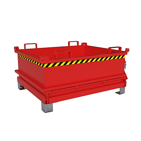 Caisse métallique rouge avec rayures d'avertissement jaunes et noires et poignées, sur pieds gris.