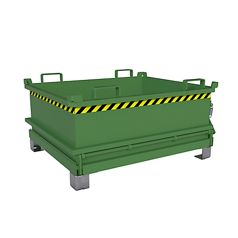 Conteneur industriel vert avec bande d'avertissement jaune et noire. Le conteneur repose sur des pieds métalliques et possède des poignées.