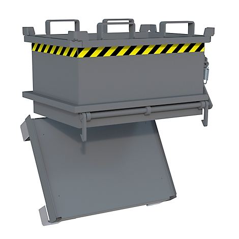 Grijze metalen container met openklappende voorkant. Bovenkant met zwart-gele waarschuwingsband, handgrepen. Open voorkant toont interieur.