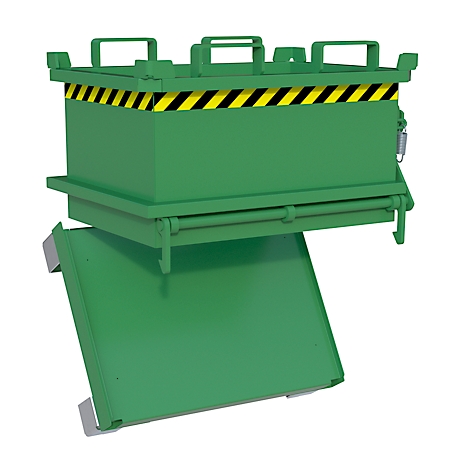 Groene metalen kist met open klep. Zwarte en gele strepen aan de bovenkant. Handvatten en veren zijn zichtbaar.