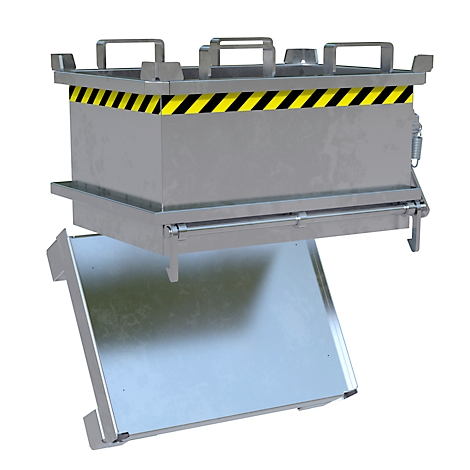 Metalen box met open klep, geel-zwarte waarschuwing, handvatten bovenop.
