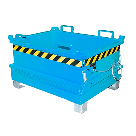 Blauwe transportcontainer met deksel en geel-zwarte waarschuwingsstrepen. Handgrepen op deksel en zijkanten.
