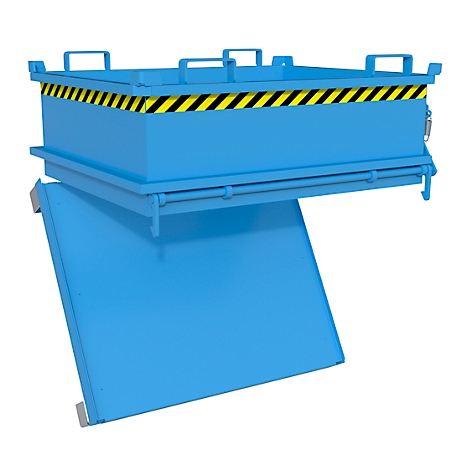 Blauwe transportkist met geel en zwart waarschuwingslint. Metalen kist met handgrepen, staand op metalen poten.