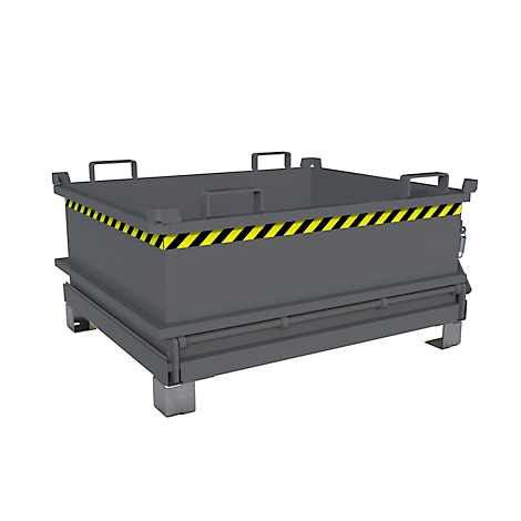 Grijze metalen box met geelzwarte waarschuwingsstreep. Handgrepen en poten zijn ook zichtbaar.