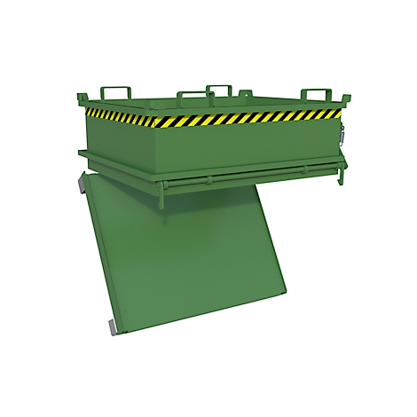 Groene kist met open deur, geel-zwarte waarschuwingsstreep, handvatten.