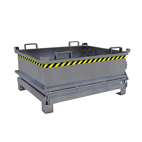 Grijze metalen box met geel en zwart waarschuwingslint. Rechthoekige constructie met handgrepen en poten.