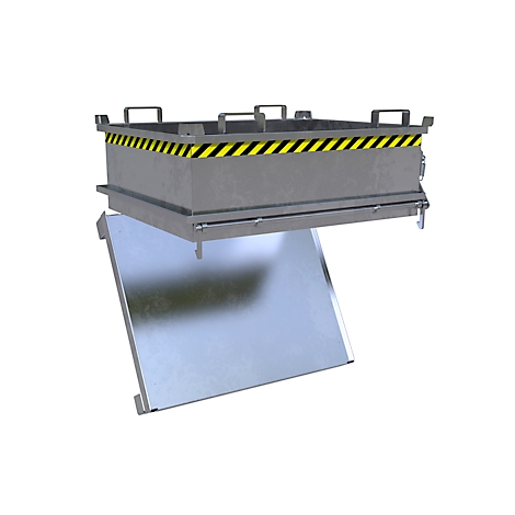 Metalen container met deksel, geel en zwart gestreepte rand en open klep.