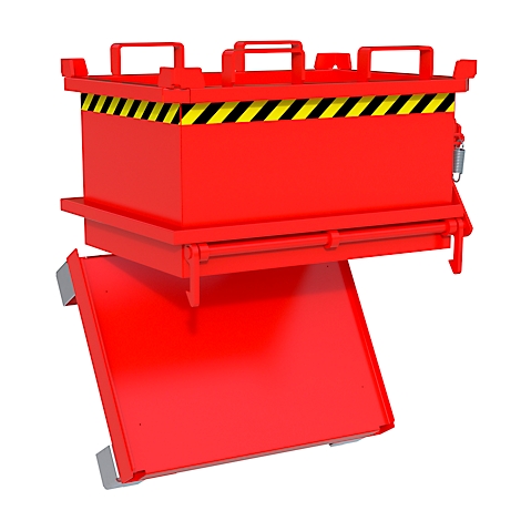 Roter Transportbehälter mit gelb-schwarzem Warnstreifen und hochgeklappter Rampe.