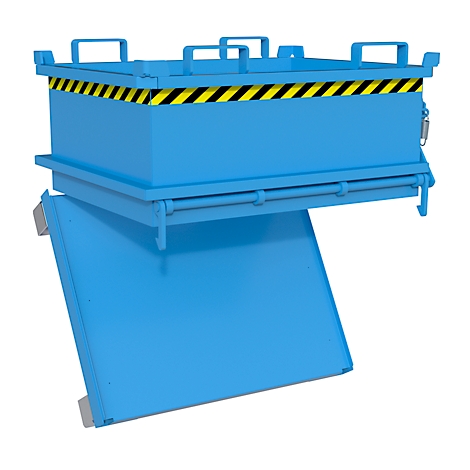 Blaue Box mit geöffneter Klappe und gelb-schwarzer Warnmarkierung.