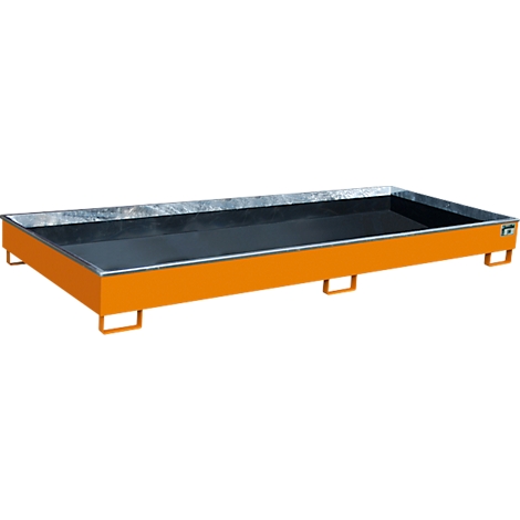 Orangefarbene Stahlwanne mit silbernem Rand und schwarzgrauem Boden, auf vier Füßen.