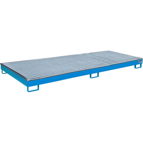 Blaue Stahl-Auffangwanne mit Lochblech, auf der Flüssigkeiten aufgefangen werden können.