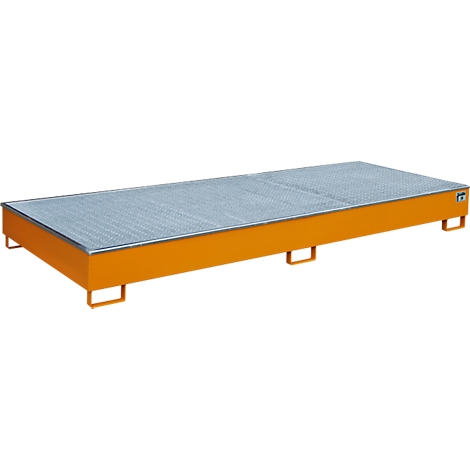 Gelb-oranges Auffangbecken mit Metallgitter, rechteckig, auf niedrigen Füßen.