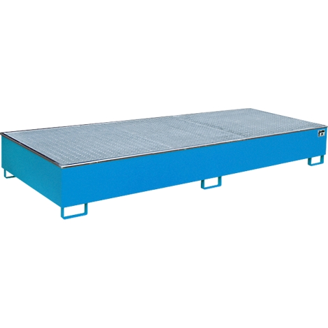 Blaue Auffangwanne mit Gitterrostabdeckung. Steht auf Füßen. Eckig mit silberfarbenem Rand.