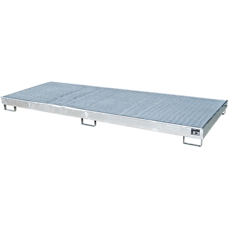Metalen pallet met een rooster oppervlak en vier poten.