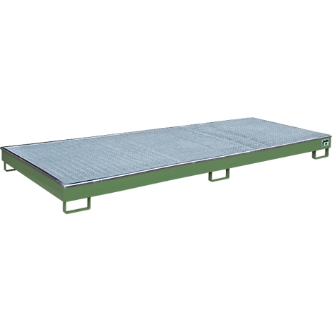 Groen metalen pallet met geperforeerd plaatwerk, vier poten.