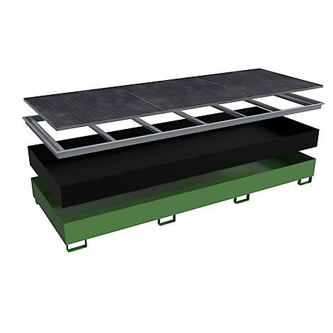 Exploded view van een podiumelement. Afzonderlijke lagen, van donkergrijze panelen over metalen frame, zwarte laag, tot groene basis, gescheiden.