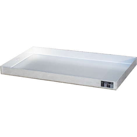 Rectangular, white tray with slightly raised edge and a label on the side.